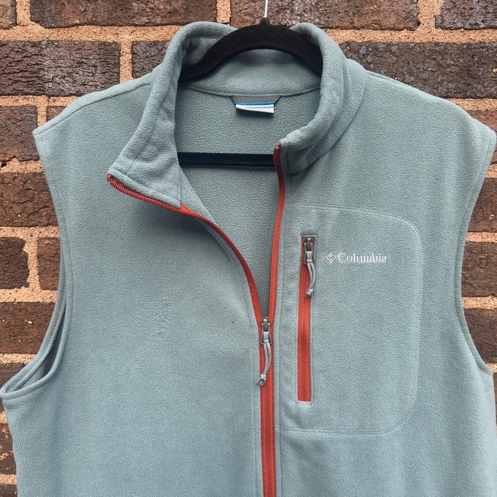 Columbia Fleece Vest Men's Large Green Blue Orange Full Zip Outdoor Hiking